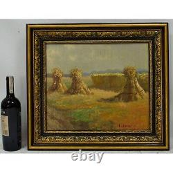 Old Oil Painting Landscape Harvest of Cereals signed H.V. Leeuwen 58x51
