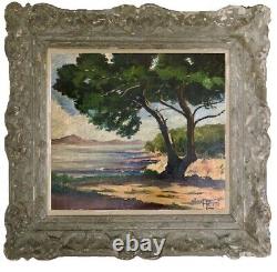 Old Oil Painting Landscape of a Fauvist Seaside with Pine Trees and Parasol by Seyssaud