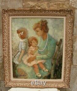 Old Oil Painting Mother And Her Children Under Montparnasse G. Buchaillat