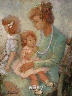 Old Oil Painting Mother And Her Children Under Montparnasse G. Buchaillat
