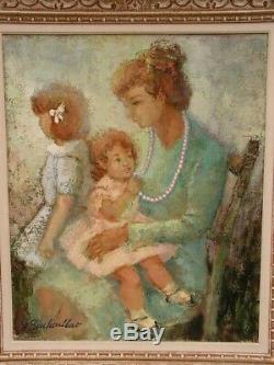 Old Oil Painting Mother And Her Children Under Montparnasse G. Buchaillat