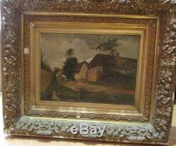 Old Oil Painting On Canvas 19 Th Animated Village Scene Barbizon Landscape