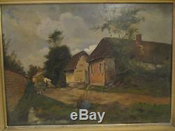 Old Oil Painting On Canvas 19 Th Animated Village Scene Barbizon Landscape