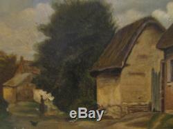 Old Oil Painting On Canvas 19 Th Animated Village Scene Barbizon Landscape
