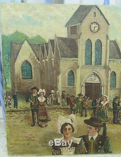 Old Oil Painting On Canvas Andre Dainex 1887 Brittany Village Fete