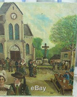 Old Oil Painting On Canvas Andre Dainex 1887 Brittany Village Fete