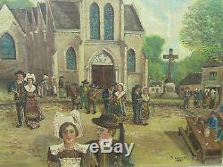 Old Oil Painting On Canvas Andre Dainex 1887 Brittany Village Fete