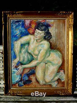 Old Oil Painting On Canvas Female Nude Naked Encadree