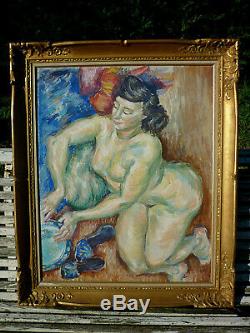 Old Oil Painting On Canvas Female Nude Naked Encadree