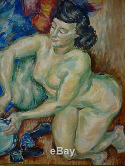 Old Oil Painting On Canvas Female Nude Naked Encadree