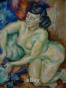 Old Oil Painting On Canvas Female Nude Naked Encadree