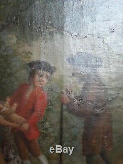 Old Oil Painting On Canvas Great Picture Charming Genre Scene De