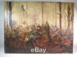 Old Oil Painting On Canvas Hairy War 1914-1918 Battle Under Wood Sign