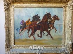 Old Oil Painting On Canvas Hst Sulky Horses Horses Hippisme Bon Etat
