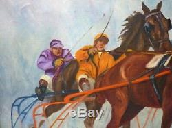 Old Oil Painting On Canvas Hst Sulky Horses Horses Hippisme Bon Etat