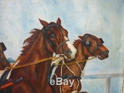 Old Oil Painting On Canvas Hst Sulky Horses Horses Hippisme Bon Etat