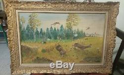 Old Oil Painting On Canvas Hunting Scene