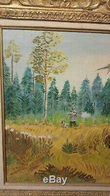 Old Oil Painting On Canvas Hunting Scene