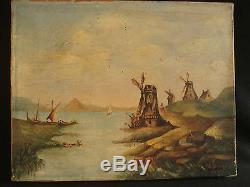 Old Oil Painting On Canvas Landscape With Mills, Holland Louis Mathey 1893