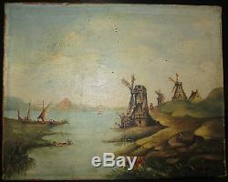 Old Oil Painting On Canvas Landscape With Mills, Holland Louis Mathey 1893