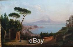 Old Oil Painting On Canvas Of The Nineteenth Bay Of Naples