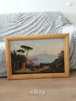 Old Oil Painting On Canvas Of The Nineteenth Bay Of Naples