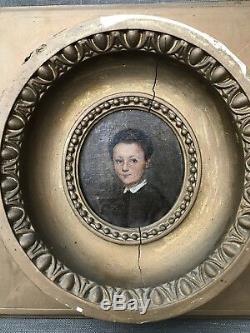 Old Oil Painting On Canvas Portrait Denfant Frame Medallion XIX Signed