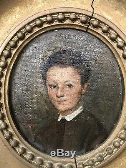 Old Oil Painting On Canvas Portrait Denfant Frame Medallion XIX Signed