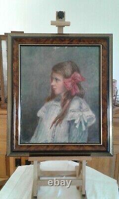 Old. Oil Painting On Canvas. Portrait Young Girl With Pink Knot. Early 20th Century