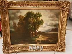 Old Oil Painting On Canvas Signed Landscape Old Golden Frame