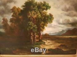 Old Oil Painting On Canvas Signed Landscape Old Golden Frame