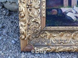 Old Oil Painting On Canvas Signed Seaside In Carved Gilt Frame