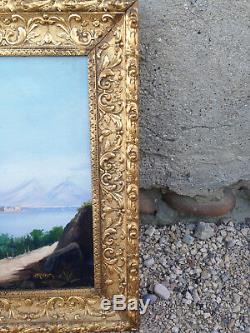 Old Oil Painting On Canvas Signed Seaside In Carved Gilt Frame