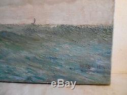 Old Oil Painting On Canvas Signed Yule 1894 Marine Sailboats Sea Storm