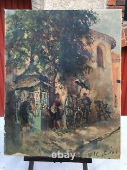 Old Oil Painting On Canvas Street Scene Signed Cini