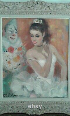 Old. Oil Painting On Canvas The Clown And The Little Dancer Charley Garry