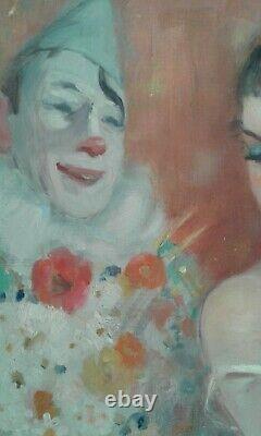 Old. Oil Painting On Canvas The Clown And The Little Dancer Charley Garry