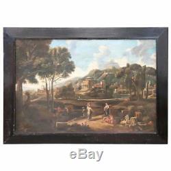 Old Oil Painting On Landscape Canvas With Figures Sec XVIII