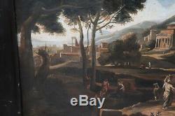 Old Oil Painting On Landscape Canvas With Figures Sec XVIII