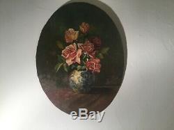 Old Oil Painting On Panel, Still Life Bouquet Of Flower. Sign