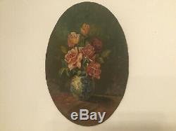 Old Oil Painting On Panel, Still Life Bouquet Of Flower. Sign