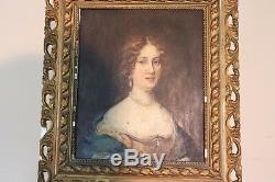 Old Oil Painting On Table Portrait Of Young Woman Late 19th Century