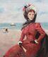 Old Oil Painting Portrait Of A Woman On The Beach Impressionism 20th Century