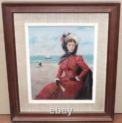 Old Oil Painting Portrait of a Woman on the Beach Impressionism 20th Century