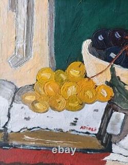 Old Oil Painting Still Life with Fruit Impressionist 20th Century