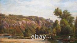 Old Oil Painting Tableau from the Auvergne Barbizon School Countryside Cow Castle