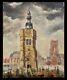 Old Oil Painting The Belfry Of Béthune Lively Square Flags Figurative Signed