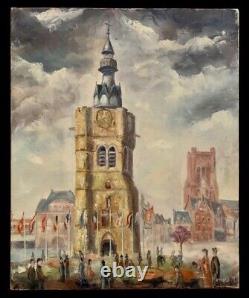 Old Oil Painting The Belfry of Béthune Lively Square Flags Figurative Signed