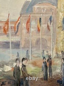 Old Oil Painting The Belfry of Béthune Lively Square Flags Figurative Signed