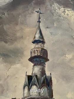 Old Oil Painting The Belfry of Béthune Lively Square Flags Figurative Signed